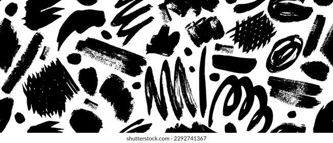 Wavy and swirled brush strokes isolated on white background. Vector scribbled geometric shapes, squiggle lines, messy dots collection. Brush drawn chaotic curly lines. Expressive childish style.