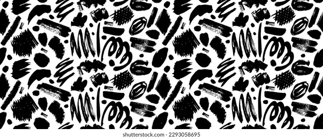 Wavy and swirled brush strokes isolated on white background. Vector scribbled geometric shapes, squiggle lines, messy dots collection. Brush drawn chaotic curly lines. Expressive childish style.
