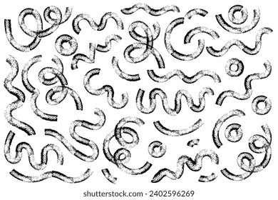 Wavy and swirled brush strokes paint vector set of Hand drawn curved lines with grunge effect. Chaotic ink brush scribbles textured decor. Messy doodles, bold curvy wallpaper textile design