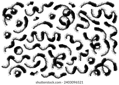 Wavy and swirled brush strokes paint vector set of Hand drawn curved lines with grunge effect. Chaotic ink brush scribbles textured decor. Messy doodles, bold curvy wallpaper textile design