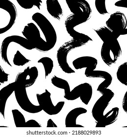Wavy and swirled brush strokes seamless pattern. Black paint freehand scribbles, grunge curved lines. Modern simple organic texture. Freehand vector curved brush strokes. Abstract wallpaper design