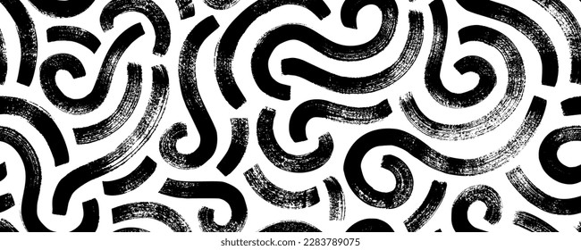 Wavy and swirled brush strokes seamless pattern. Thick and bold texture curved lines. Abstract art background in Memphis style. Geometric grunge pattern with swashes. Brush drawn swirled lines.