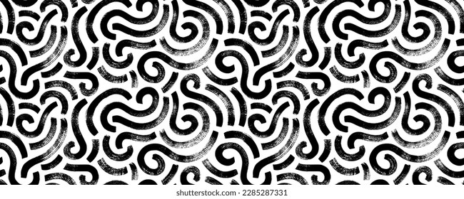 Wavy and swirled brush strokes seamless pattern. Thick and bold texture curved lines. Abstract art background in Memphis style. Geometric grunge pattern with swashes. Brush drawn swirled lines.