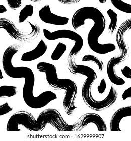 Wavy and swirled brush strokes vector seamless pattern. Abstract background for wallpaper, web banner, wrapping paper, textile. Hand drawn ink texture. Brushstrokes, smears, lines, squiggle pattern.