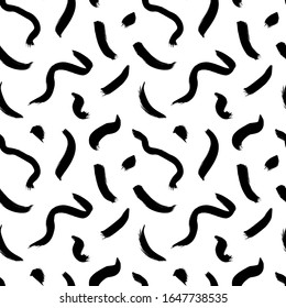 Wavy and swirled brush strokes vector seamless pattern. Black paint freehand scribbles, abstract ink background. Brushstrokes, smears, lines, squiggle pattern. Abstract wallpaper design, textile print
