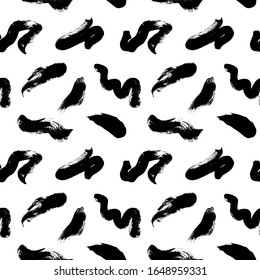 Los trazos ondulados y girados de pincel vectan un patrón sin fisuras. Pinturas negras, garabatos de tinta abstracta. Pinceles, calambres, líneas, patrón de rizado. Diseño de papel pintado abstracto, impresión textil