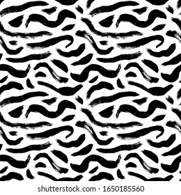 Wavy and swirled brush strokes vector seamless pattern. Black paint freehand scribbles, abstract ink background. Brushstrokes, smears, lines, squiggle pattern. Abstract wallpaper design, textile print