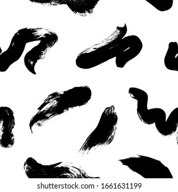 Wavy and swirled brush strokes vector seamless pattern. Black paint freehand scribbles, abstract ink background. Brushstrokes, smears, lines, squiggle pattern. Abstract wallpaper design, textile print