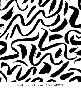 Wavy and swirled brush strokes vector seamless pattern. Black paint freehand scribbles, abstract ink background. Brushstrokes, smears, lines, squiggle pattern. Abstract wallpaper design, textile print