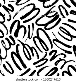 Wavy and swirled brush strokes vector seamless pattern. Black paint freehand scribbles, abstract ink background. Brushstrokes, smears, lines, squiggle pattern. Abstract wallpaper design, textile print