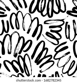 Wavy and swirled brush strokes vector seamless pattern. Black paint freehand scribbles, abstract ink background. Brushstrokes, smears, lines, squiggle pattern. Abstract wallpaper design, textile print