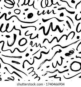 Wavy and swirled brush strokes vector seamless pattern. Black paint freehand scribbles, abstract ink background. Brushstrokes, smears, dots, dashes, lines, squiggle pattern. Abstract wallpaper design