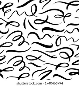 Wavy and swirled brush strokes vector seamless pattern. Black paint freehand scribbles, abstract ink background. Brushstrokes, smears, lines, squiggle pattern. Abstract wallpaper design, textile print