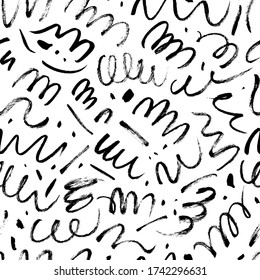 Wavy and swirled brush strokes vector seamless pattern. Black paint freehand scribbles, abstract ink background. Brushstrokes, smears, dots, dashes, lines, squiggle pattern. Abstract wallpaper design