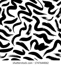 Wavy and swirled brush strokes vector seamless pattern. Black paint freehand scribbles, abstract ink background. Brushstrokes, smears, lines, squiggle pattern. Abstract wallpaper design, textile print