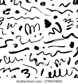 Wavy and swirled brush strokes vector seamless pattern. Black paint freehand scribbles, abstract ink background. Brushstrokes, smears, dots, dashes, lines, squiggle pattern. Abstract wallpaper design