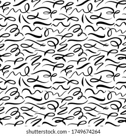 Wavy and swirled brush strokes vector seamless pattern. Black paint freehand scribbles, abstract ink background. Brushstrokes, smears, lines, squiggle pattern. Abstract wallpaper design, textile print