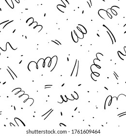 Wavy and swirled brush strokes vector seamless pattern. Black paint freehand scribbles, abstract ink background. Doodle, dots, lines, squiggle pattern. Abstract wallpaper design, textile print