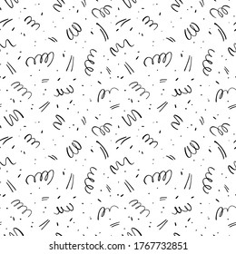 Schärfste und wirbelnde Pinselstriche bilden ein nahtloses Vektormuster. Schwarze Farbfreude und Kritzeln, abstrakter Farbhintergrund. Doodle, Punkte, Linien, Knickmuster. Abstraktes Bildschirmhintergrund, Stoffdruck
