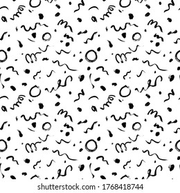 Rasgos ondulados y girados de pincel vectan un patrón sin fisuras en el estilo Memphis. Garabatos de pintura negra a mano alzada, fondo de tinta abstracta. Doodle, puntos, círculos, líneas, patrón de rizado. Fondo de escritorio abstracto