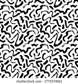 Wavy and swirled brush strokes vector seamless pattern. Black paint freehand scribbles, abstract ink background. Brushstrokes, smears, lines, squiggle pattern. Abstract wallpaper design, textile print