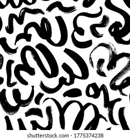 Wavy and swirled brush strokes vector seamless pattern. Black paint freehand scribbles, abstract ink background. Brushstrokes, smears, lines, squiggle pattern. Abstract wallpaper design, textile print