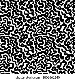 Wavy and swirled brush strokes vector seamless pattern. Black paint freehand scribbles, abstract ink background. Brushstrokes, smears, lines, squiggle pattern. Abstract wallpaper design, textile print
