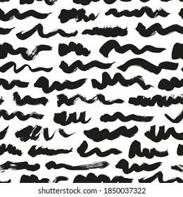 Wavy and swirled brush strokes vector seamless pattern. Black paint freehand scribbles, abstract ink background. Horizontal brushstrokes, smears, lines, squiggle pattern. Abstract wallpaper design