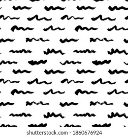 Wavy and swirled brush strokes vector seamless pattern. Black paint freehand scribbles, abstract ink background. Horizontal brushstrokes, smears, lines, squiggle pattern. Abstract wallpaper design
