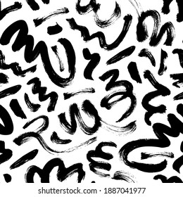 Wavy and swirled brush strokes vector seamless pattern. Black paint freehand scribbles, abstract ink background. Brushstrokes, smears, lines, squiggle pattern. Abstract wallpaper design, textile print