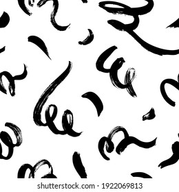 Rasgos ondulados y girados de pincel vectan un patrón sin fisuras. Garabatos de pintura negra a mano alzada, fondo de tinta abstracta. Brochas, citologías, líneas, patrón de acequia. Diseño abstracto de papel tapiz, impresión textil