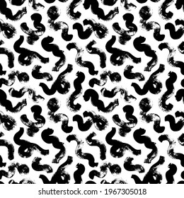 Wavy and swirled brush strokes vector seamless pattern. Black paint freehand scribbles, abstract ink background. Brushstrokes, smears, lines, squiggle pattern. Abstract wallpaper design, textile print