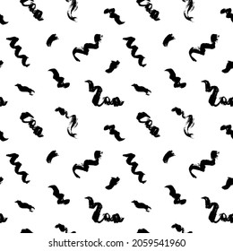 Rasgos ondulados y girados de pincel vectan un patrón sin fisuras. Dibujo negro con garabatos a mano alzada, fondo de tinta abstracta. Brochas, citologías, líneas, patrón de acequia. Diseño abstracto de papel tapiz, impresión textil