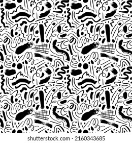 Wavy and swirled brush strokes vector seamless pattern. Black paint freehand scribbles, childish abstract ink background. Brushstrokes, smears, lines, squiggle pattern. Ink blots and splotches.