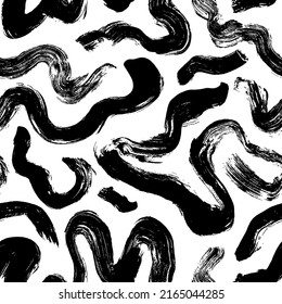 Wavy and swirled brush strokes vector seamless pattern. Bold lines organic ornament. Hand drawn black brushstrokes, rough smears with scribbles. Biological grunge squiggles. Ink wrapping paper.