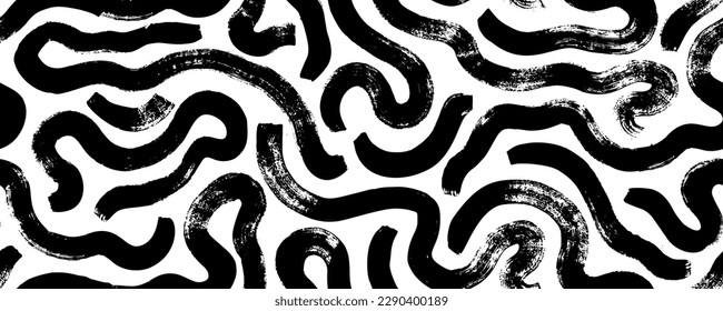 Wavy and swirled brush strokes vector seamless pattern. Bold curved lines and squiggles ornament. Seamless horizontal banner with doodle bold lines. Black and white wallpaper.