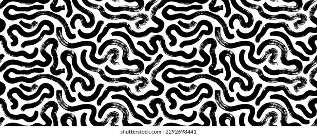 Schärfste und wirbelnde Pinselstriche bilden ein nahtloses Vektormuster. Fette, gewölbte Linien und Zierkrüge. Nahtloses horizontales Banner mit doodle fett Linien. Schwarz-weißes Tapete.
