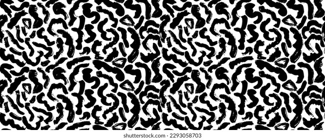 Wavy and swirled brush strokes vector seamless pattern. Bold lines organic ornament. Hand drawn black brushstrokes, rough smears with scribbles. Biological grunge squiggles. Ink wrapping paper.