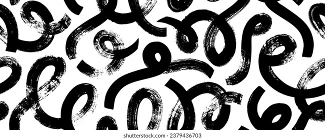 Wavy and swirled brush strokes vector seamless pattern. Loop bold lines and swashes. Hand drawn grunge geometric pattern. Organic ornament with chaotic curved brush strokes. Abstract wallpaper.