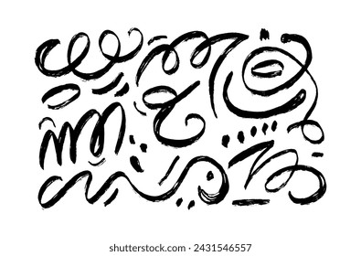 Wavy and swirled brush strokes vector pattern. Black paint freehand scribbles, abstract ink background. Brushstrokes, smears, lines, squiggle pattern. Abstract grunge scrawls wallpaper design