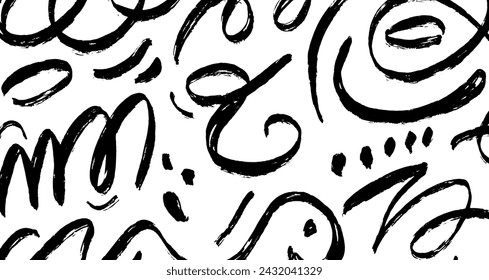 Wavy and swirled brush strokes vector pattern. Black paint freehand scribbles, abstract ink background. Brushstrokes, smears, lines, squiggle pattern. Abstract grunge scrawls wallpaper design