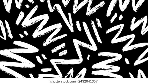 Wavy and swirled brush strokes vector pattern. Black paint freehand scribbles, abstract ink background. Brushstrokes, smears, lines, squiggle pattern. Abstract grunge scrawls wallpaper design