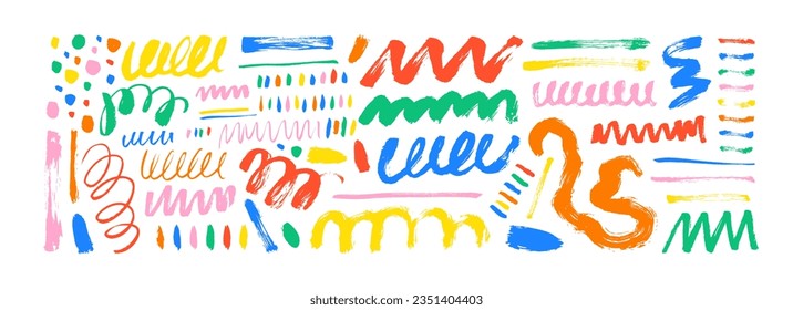 Wavy and swirled colorful brush strokes isolated on white. Vector scribbled geometric scrawls, squiggle lines, messy dots collection. Brush drawn chaotic curly lines. Expressive childish style.