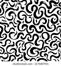 Wavy und wirbelnde Doodle-Pinsel streichelt Vektornahtloses Muster. Schwarze Farbfreude und Schreib, s-Form Elemente. Kleiner, wirbelnder Hintergrund. Monochrome dünne, lockige Muster. Kurze Linien, abstrakte Bildschirmhintergründe