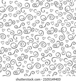 Wavy and swirling brush strokes of vector seamless drawing with hearts. Vector doodle illustration in black and white.
