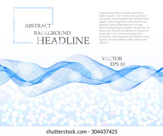 Wavy tape, ribbon, flow business presentation slide, template, abstract background in blue colors, bokeh effect