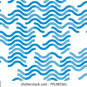 Wavy technical lines seamless pattern, vector abstract repeat endless background, blue colored rhythmic waves.