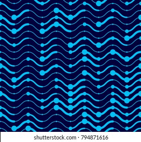 Wavy technical lines seamless pattern, vector abstract repeat endless background, blue colored rhythmic waves.