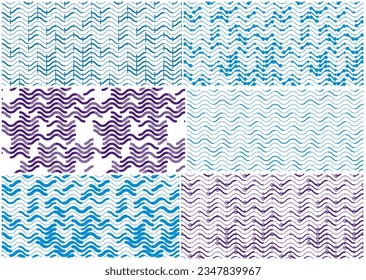 Wavy technical lines seamless patterns set, vector abstract repeat endless backgrounds collection, blue colored rhythmic waves.