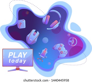 Wavy template with Gaming gadgets on modern blue and violet background like universe.